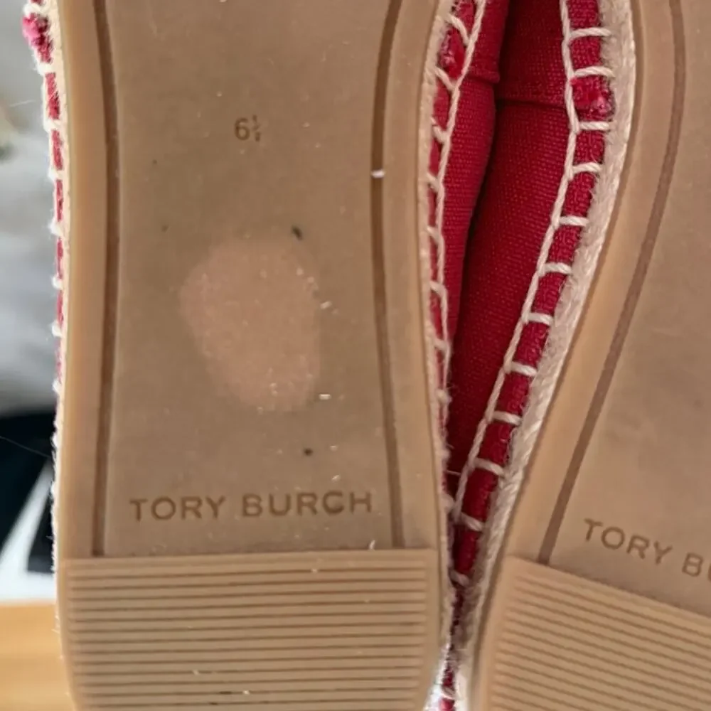 Tory Burch Tilly The Tiger Red Canvas & Leather Slip On Espadrille Flats